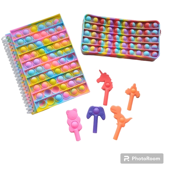 Other - Pop It Back To School Bundle - Pencil Case, Notebook, Pencil Toppers - 7 Pieces